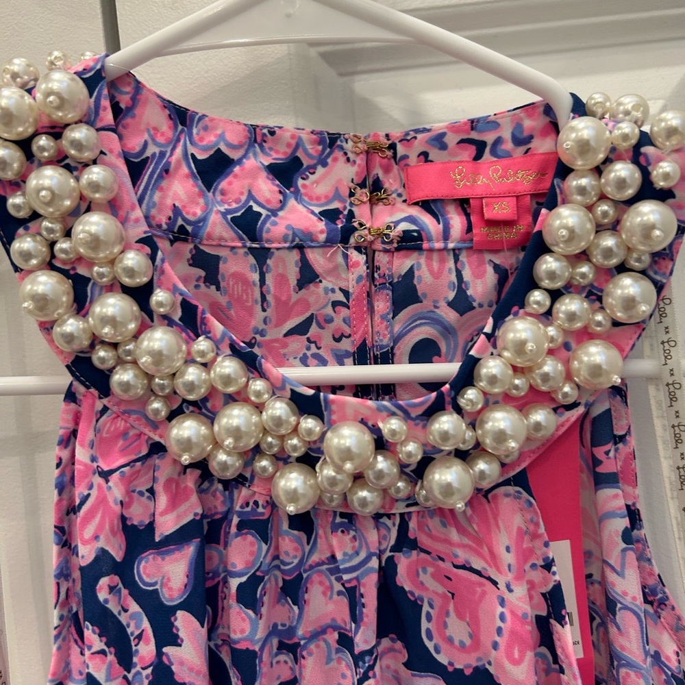 Lilly Pulitzer Shawn Pink and Blue Patterned Blouse with Pearl Embellishment - Picture 6 of 8